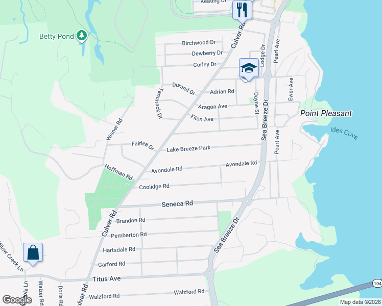 map of restaurants, bars, coffee shops, grocery stores, and more near 93 Lake Breeze Park in Rochester