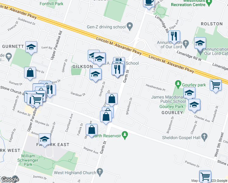 map of restaurants, bars, coffee shops, grocery stores, and more near 25 Garrow Drive in Hamilton