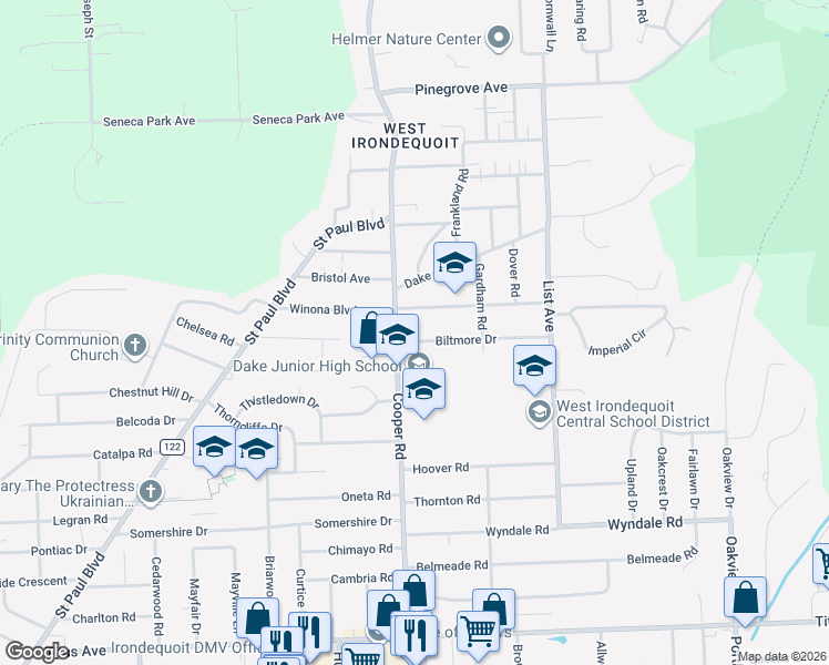 map of restaurants, bars, coffee shops, grocery stores, and more near 15 Montclair Drive in Rochester