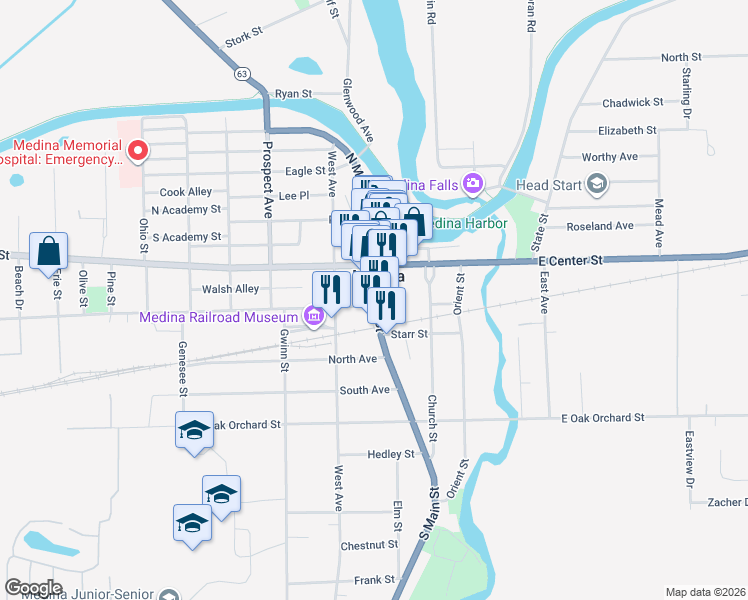 map of restaurants, bars, coffee shops, grocery stores, and more near 540 Main Street in Medina