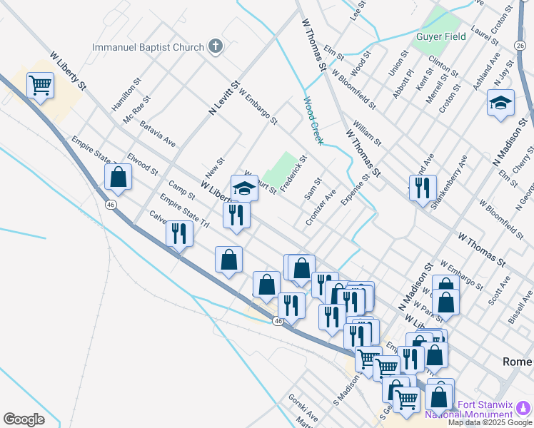 map of restaurants, bars, coffee shops, grocery stores, and more near 734 West Liberty Street in Rome