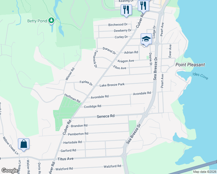 map of restaurants, bars, coffee shops, grocery stores, and more near 93 Lake Breeze Park in Rochester