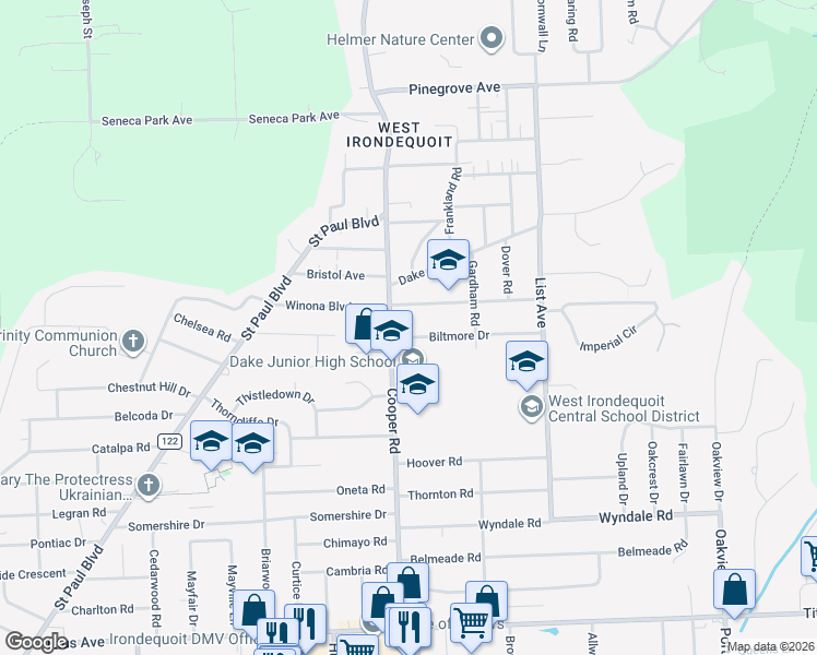 map of restaurants, bars, coffee shops, grocery stores, and more near 15 Montclair Drive in Rochester