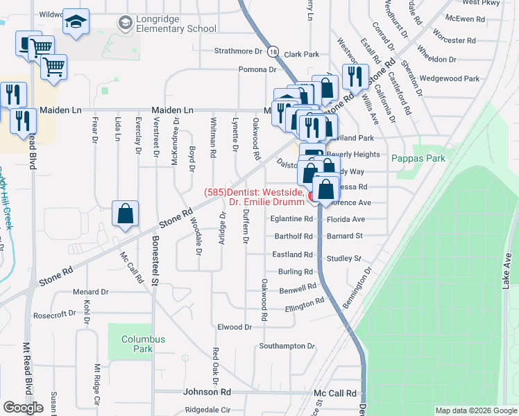 map of restaurants, bars, coffee shops, grocery stores, and more near 259 Florence Avenue in Rochester
