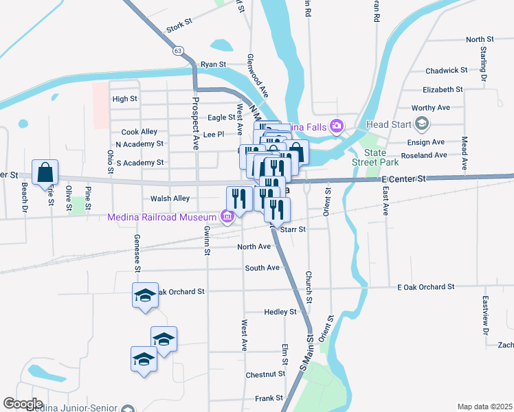 map of restaurants, bars, coffee shops, grocery stores, and more near 515 West Avenue in Medina