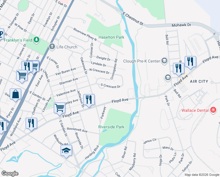 map of restaurants, bars, coffee shops, grocery stores, and more near 121 South Crescent Drive in Rome
