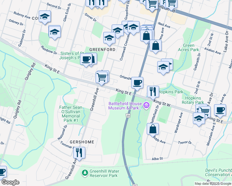 map of restaurants, bars, coffee shops, grocery stores, and more near 2846 King Street East in Hamilton