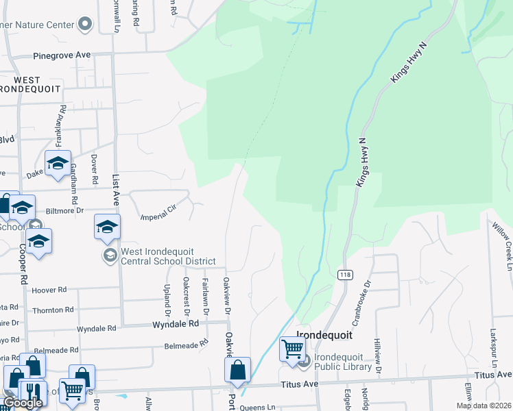 map of restaurants, bars, coffee shops, grocery stores, and more near 2716 Oakview Drive in Rochester