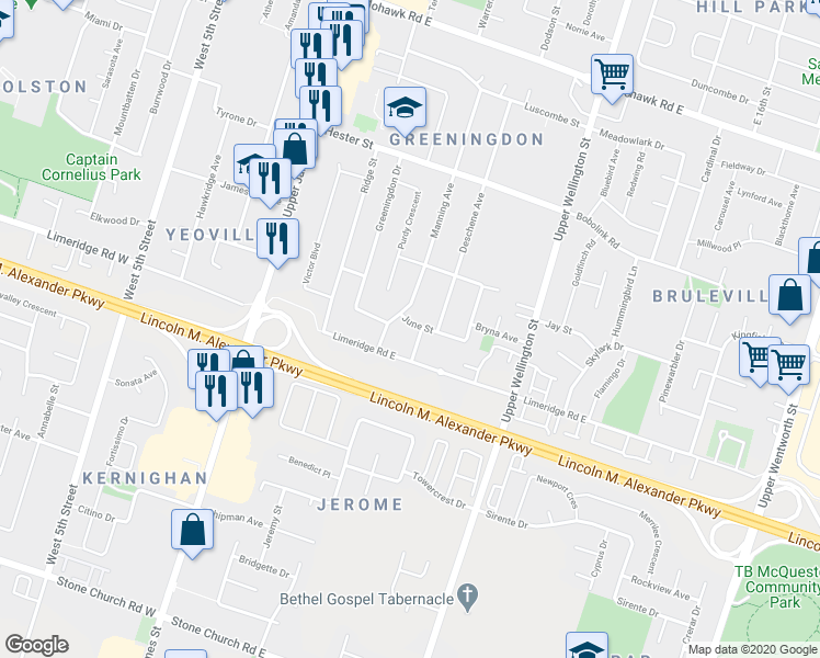 map of restaurants, bars, coffee shops, grocery stores, and more near 96 June Street in Hamilton
