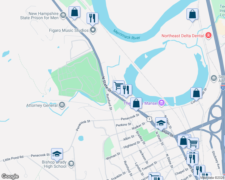 map of restaurants, bars, coffee shops, grocery stores, and more near 180 North State Street in Concord