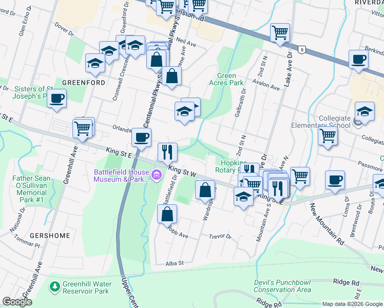 map of restaurants, bars, coffee shops, grocery stores, and more near 6 Village Green Boulevard in Hamilton