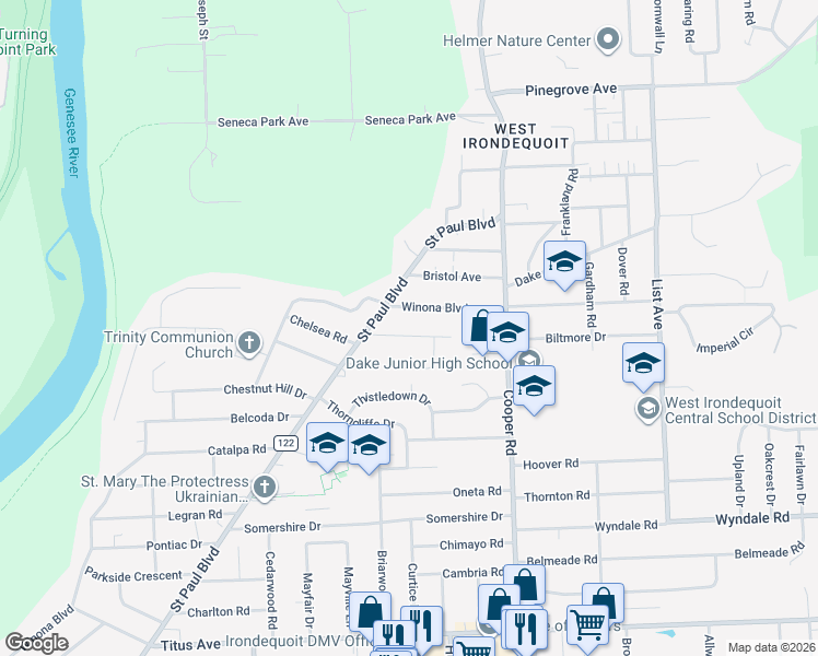 map of restaurants, bars, coffee shops, grocery stores, and more near 58 Placid Pl in Rochester