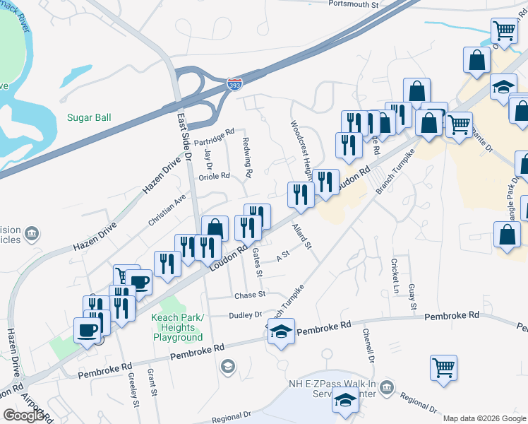 map of restaurants, bars, coffee shops, grocery stores, and more near 205 Loudon Road in Concord