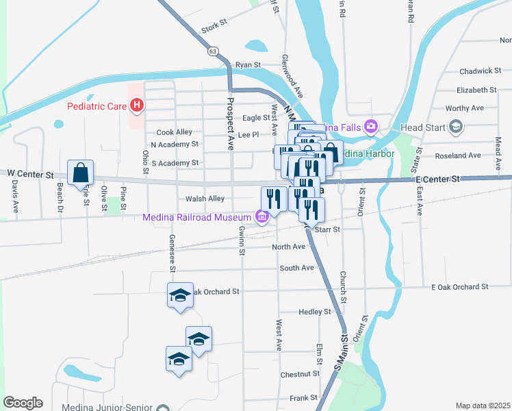 map of restaurants, bars, coffee shops, grocery stores, and more near 216 Park Avenue in Medina