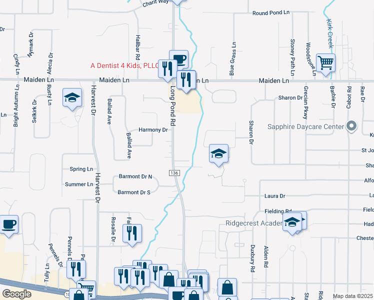 map of restaurants, bars, coffee shops, grocery stores, and more near 1/2 Long Pond Road in Rochester