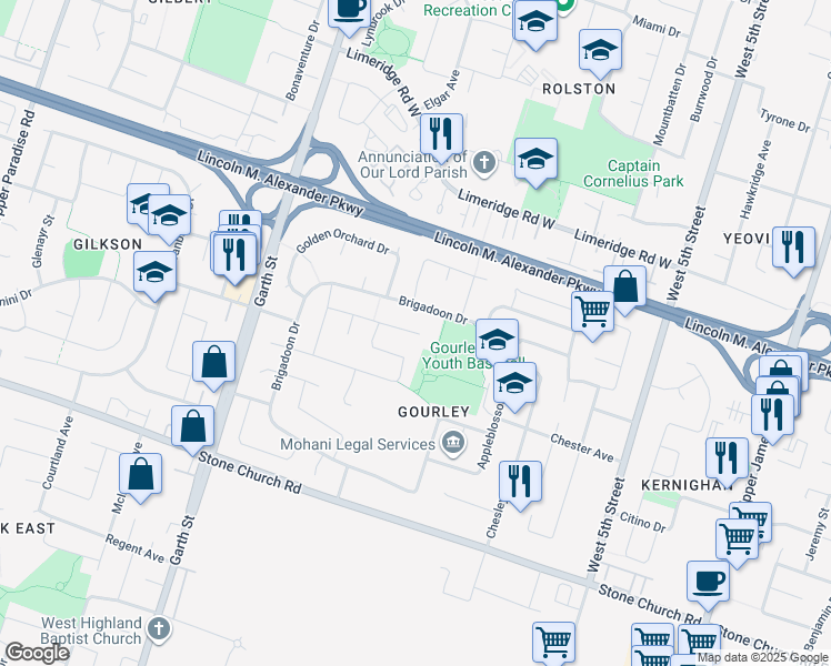 map of restaurants, bars, coffee shops, grocery stores, and more near 91 Heatherdale Place in Hamilton