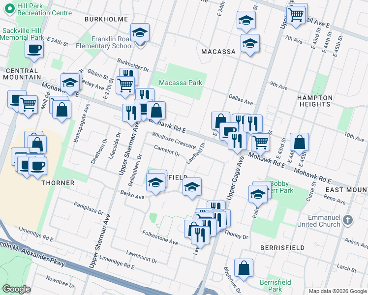 map of restaurants, bars, coffee shops, grocery stores, and more near 27 Windrush Crescent in Hamilton