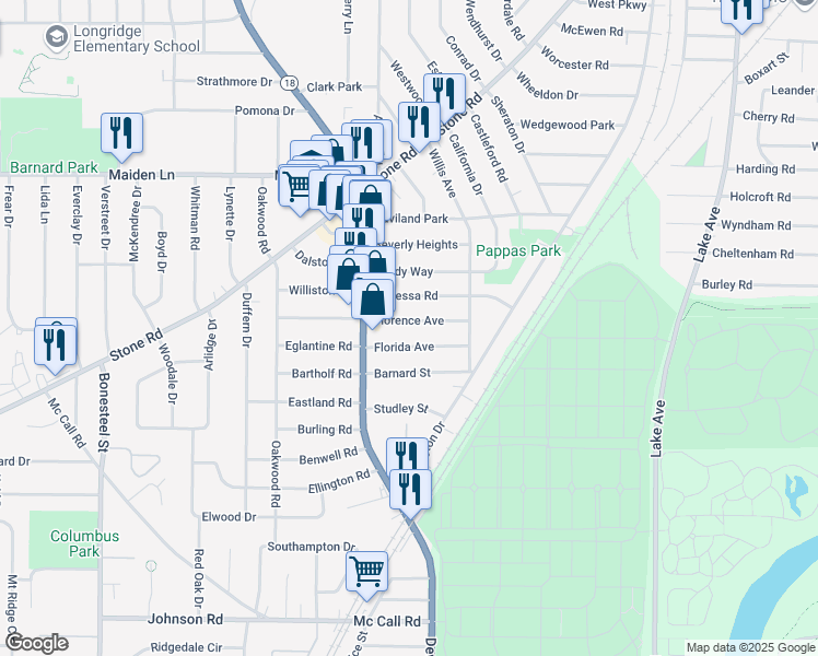 map of restaurants, bars, coffee shops, grocery stores, and more near 99 Florence Avenue in Rochester