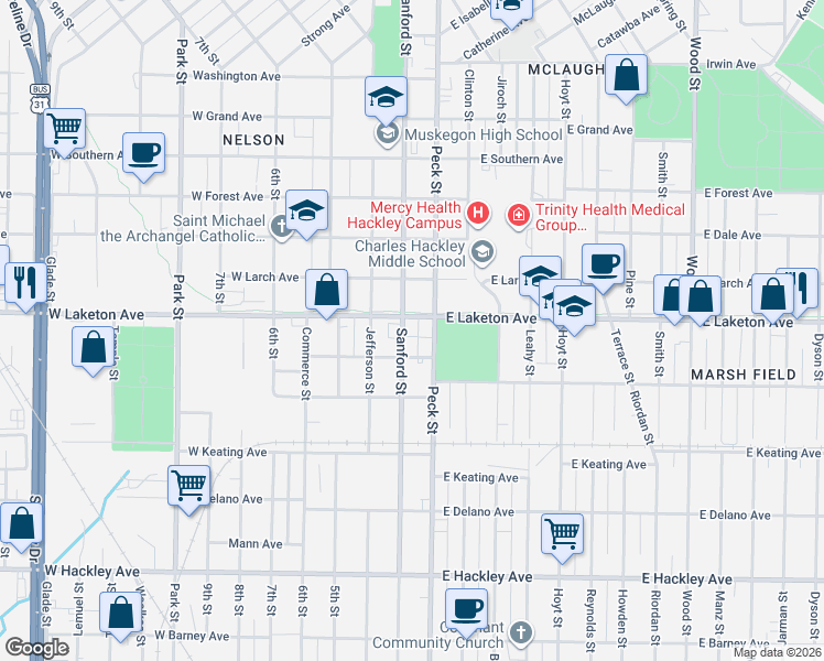 map of restaurants, bars, coffee shops, grocery stores, and more near 43 West Laketon Avenue in Muskegon
