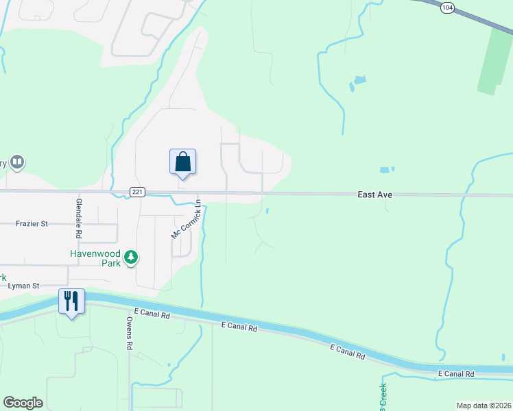 map of restaurants, bars, coffee shops, grocery stores, and more near 1 East Avenue in Brockport