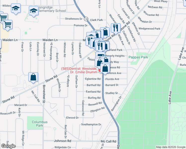 map of restaurants, bars, coffee shops, grocery stores, and more near 207 Florence Avenue in Rochester
