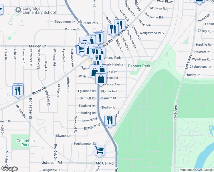 map of restaurants, bars, coffee shops, grocery stores, and more near 99 Florence Avenue in Rochester