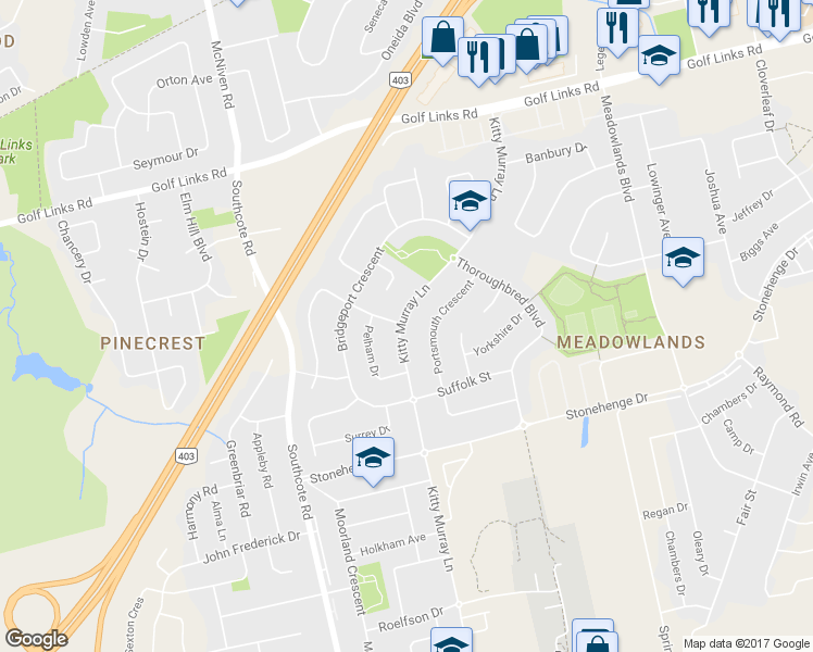 map of restaurants, bars, coffee shops, grocery stores, and more near 183 Kitty Murray Lane in Hamilton
