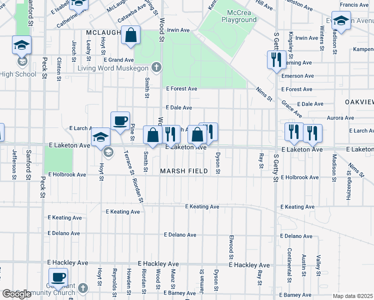 map of restaurants, bars, coffee shops, grocery stores, and more near 495 East Laketon Avenue in Muskegon