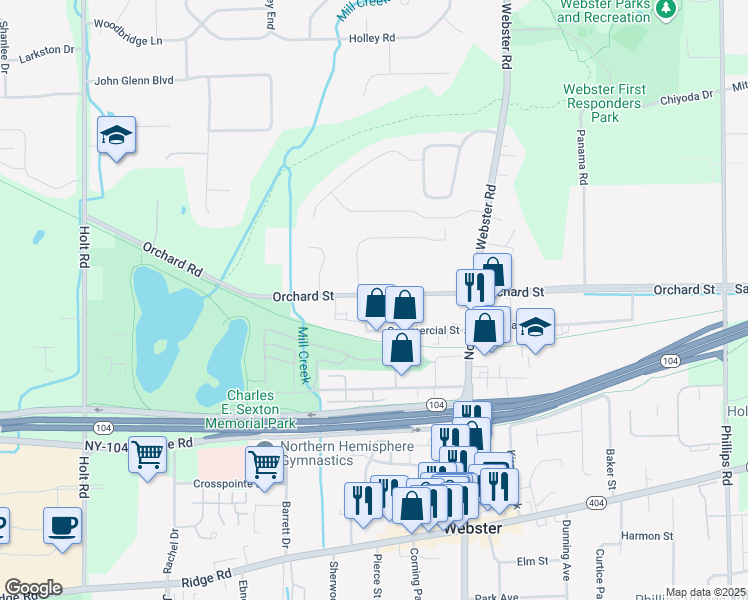 map of restaurants, bars, coffee shops, grocery stores, and more near 37 Martin St in Webster