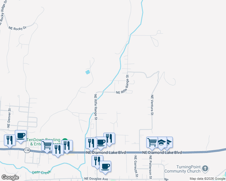 map of restaurants, bars, coffee shops, grocery stores, and more near 882 Northeast Rifle Range Street in Roseburg