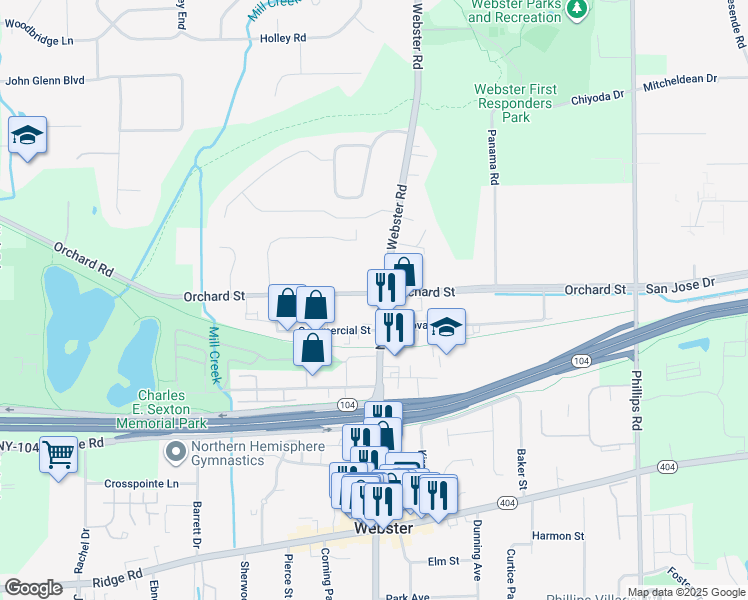 map of restaurants, bars, coffee shops, grocery stores, and more near 34 Orchard Street in Webster