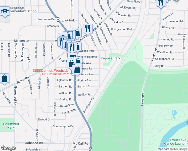 map of restaurants, bars, coffee shops, grocery stores, and more near 45 Florence Avenue in Rochester