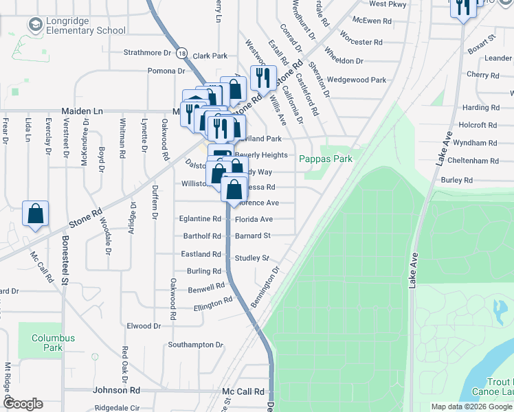 map of restaurants, bars, coffee shops, grocery stores, and more near 99 Florence Avenue in Rochester