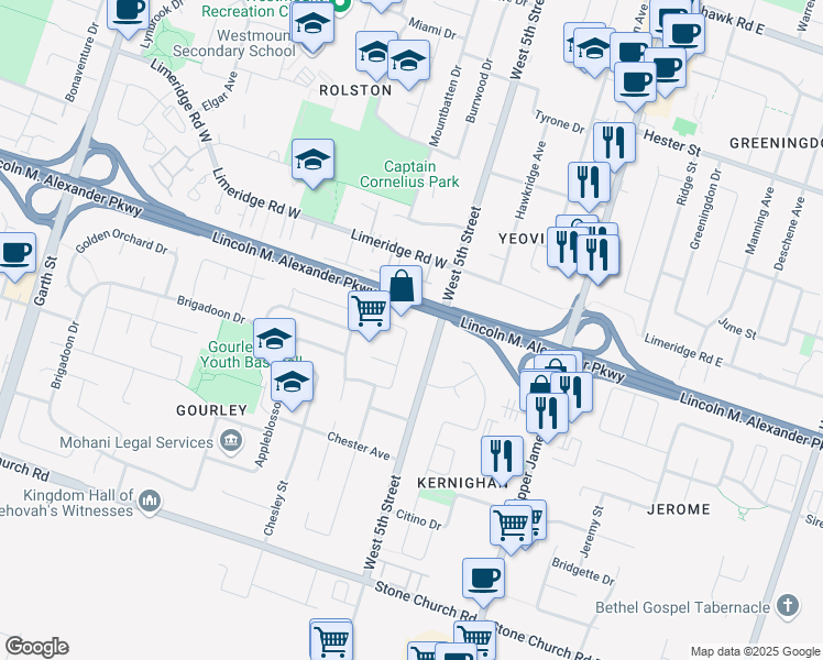 map of restaurants, bars, coffee shops, grocery stores, and more near 772 West 5th Street in Hamilton