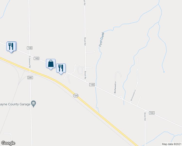 map of restaurants, bars, coffee shops, grocery stores, and more near 6022 Boyd Road in Sodus