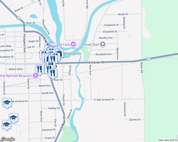 map of restaurants, bars, coffee shops, grocery stores, and more near 526 East Avenue in Medina