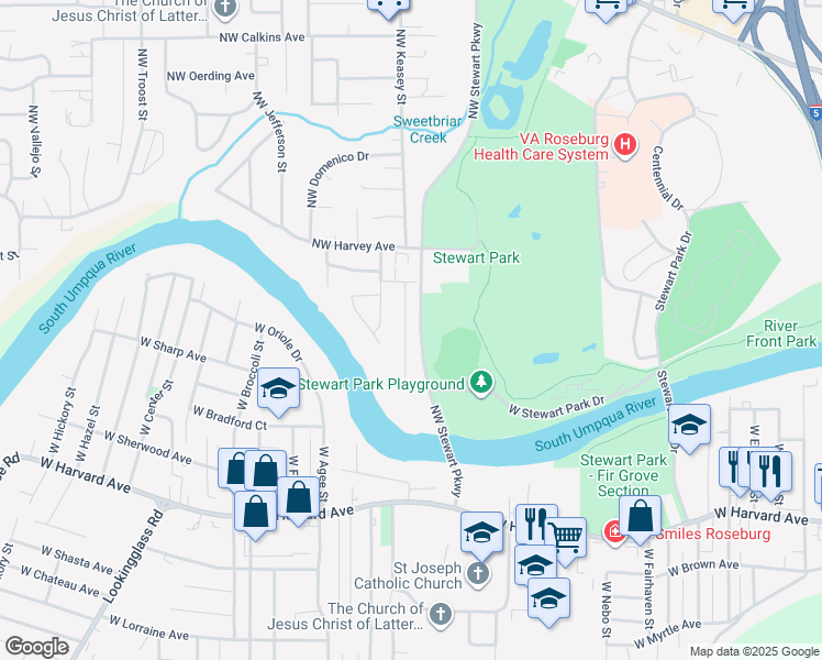 map of restaurants, bars, coffee shops, grocery stores, and more near 1031 Northwest Keasey Street in Roseburg