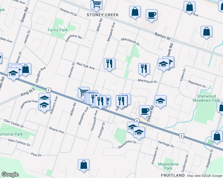 map of restaurants, bars, coffee shops, grocery stores, and more near 27 Russet Court in Hamilton