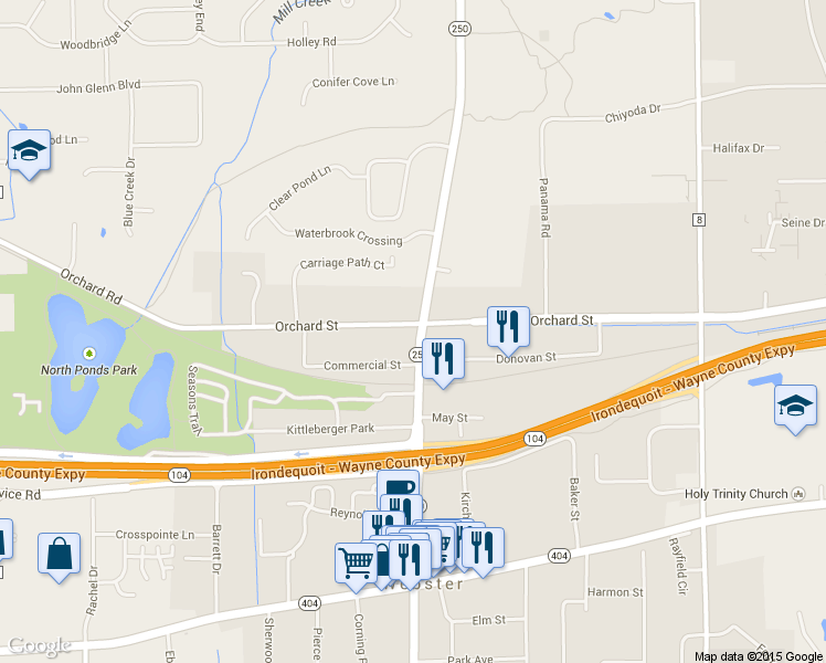 map of restaurants, bars, coffee shops, grocery stores, and more near 34 Orchard Street in Webster