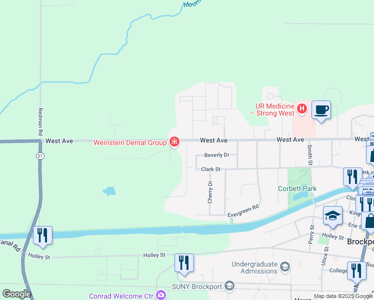 map of restaurants, bars, coffee shops, grocery stores, and more near 247 Willowbrooke Drive in Brockport