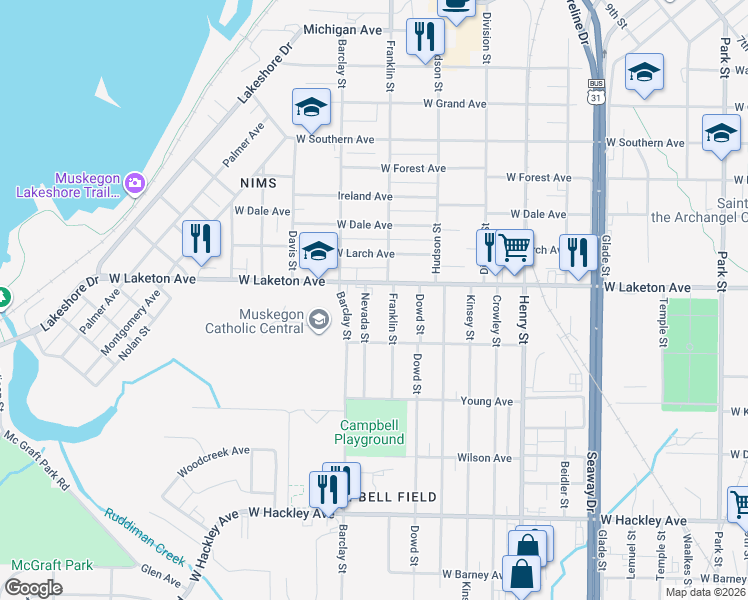 map of restaurants, bars, coffee shops, grocery stores, and more near 1832 Nevada Street in Muskegon