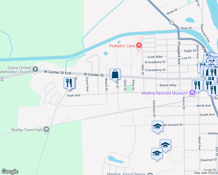 map of restaurants, bars, coffee shops, grocery stores, and more near 517 Beach Drive in Medina