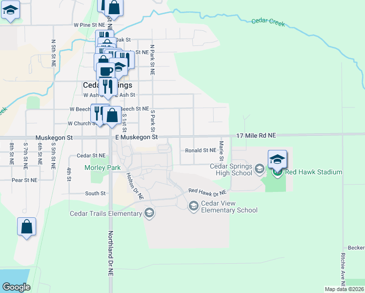 map of restaurants, bars, coffee shops, grocery stores, and more near 248 South Linda Street Northeast in Cedar Springs