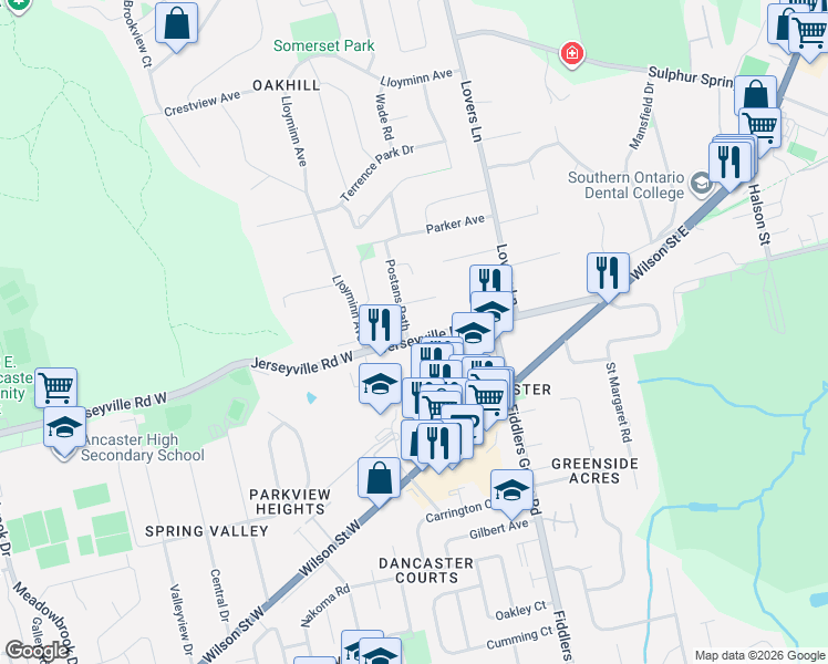 map of restaurants, bars, coffee shops, grocery stores, and more near 55 Jerseyville Road West in Hamilton