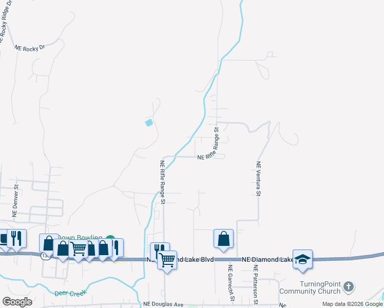 map of restaurants, bars, coffee shops, grocery stores, and more near 882 Northeast Rifle Range Street in Roseburg