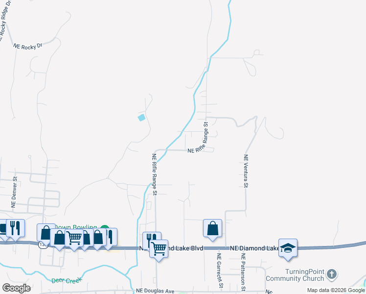 map of restaurants, bars, coffee shops, grocery stores, and more near 882 Northeast Rifle Range Street in Roseburg
