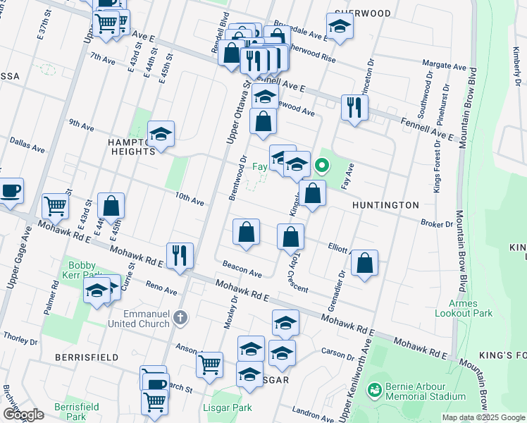 map of restaurants, bars, coffee shops, grocery stores, and more near 50 Sandalwood Avenue in Hamilton