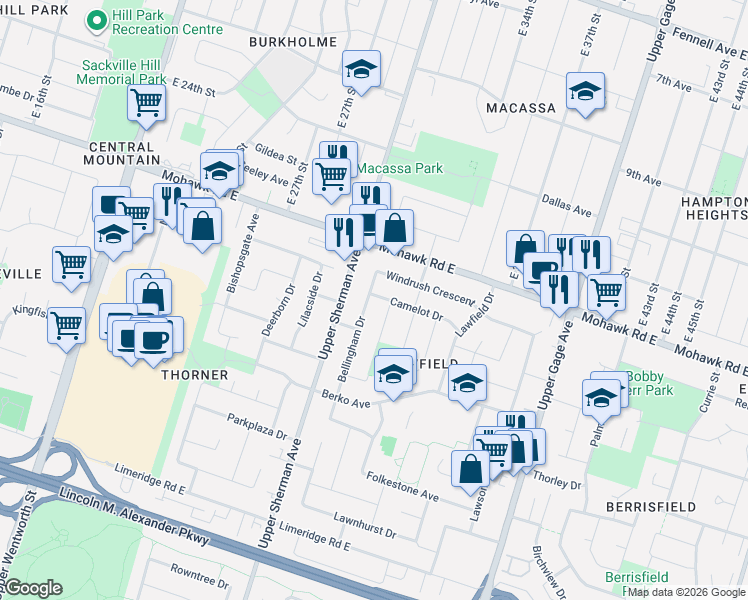 map of restaurants, bars, coffee shops, grocery stores, and more near 4 Camelot Drive in Hamilton