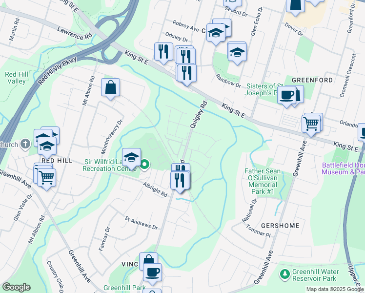 map of restaurants, bars, coffee shops, grocery stores, and more near 26 Quigley Road in Hamilton