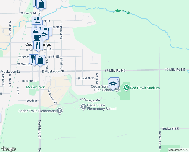 map of restaurants, bars, coffee shops, grocery stores, and more near 389 Ronald Street Northeast in Cedar Springs